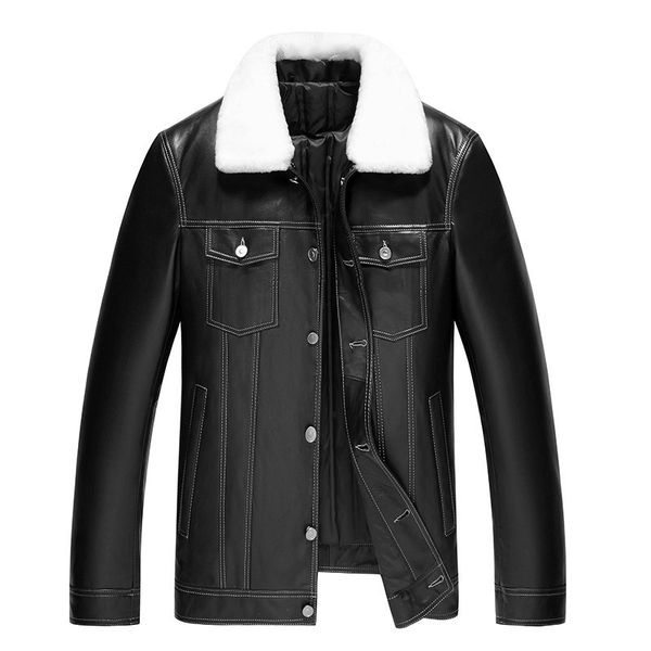 

men's leather & faux genuine jacket winter men wool fur collar real sheepskin coat for 90% duck down jackets winterjas heren y1876, Black