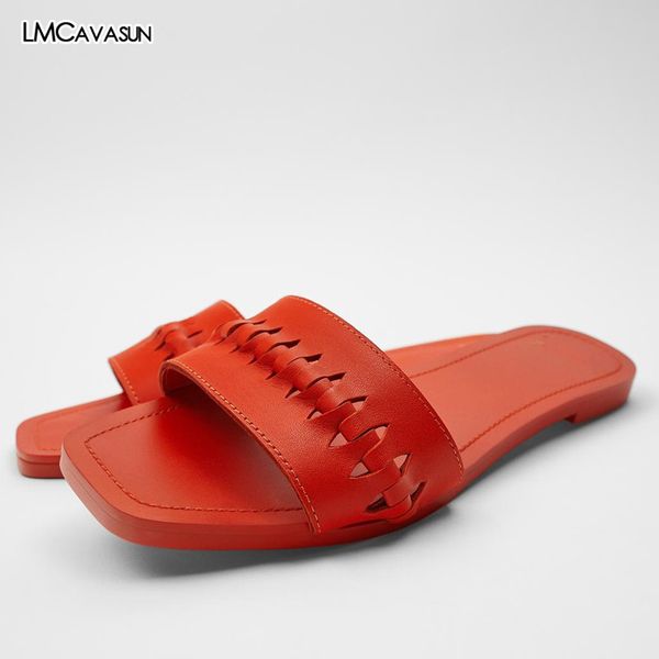 

slippers lmcavasun women's shoes orange cow leather genuine square head weave flat sandals, Black