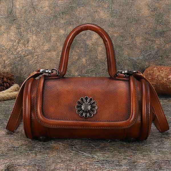 

2020 retro portable cylindrical bag small bag female leather cylindrical layer cowhide sun flower one-shoulder messenger
