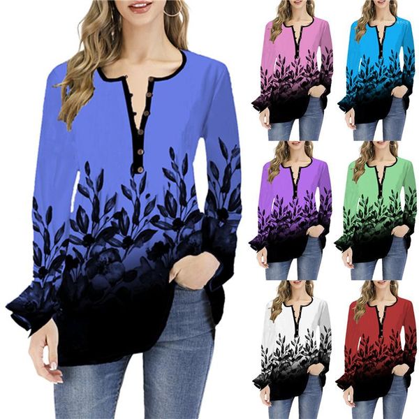 

tshirt flora printed long sleeve crew neck button plus size female clothing autumn womens designer, White