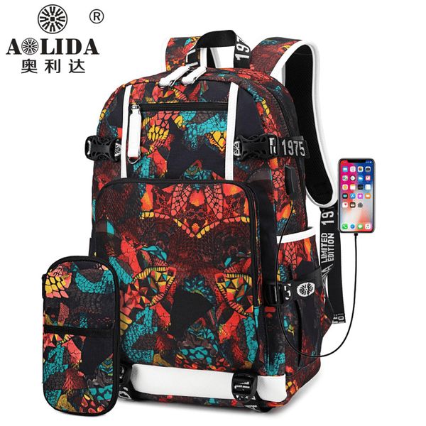 

leather luggage tag2020 cross-border new style printed backpack fashion casual junior high school student bag geometric personality pattern