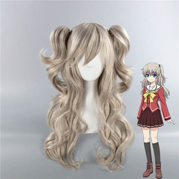 Anime Charlotte Tomori Nao cosplay peruca longa ondulado peruca de cabelo de prata com 2 rabos de cavalo trajes