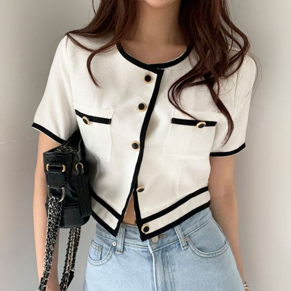 

ewq]2020 summer new short sleeve o-neck single breasted women trend coat feminino chic button loose short casual ladies jacket, Black;brown