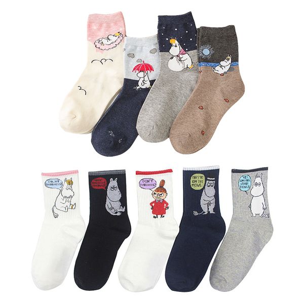 

new cartoon animal cute women's socks harajuku harajuku funny happy summer moomin socks for girl ladies slippers, Black;white