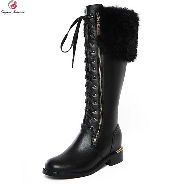 

original intention elegant women knee high boots cow leather feather round toe square heels boots black shoes woman us size 4-10