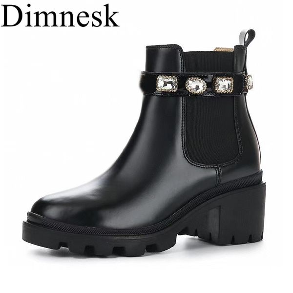 

thick sole chunky heel martin boots women round toe real leather rhinestone decor ankle boots female comfort autumn winter shoes, Black