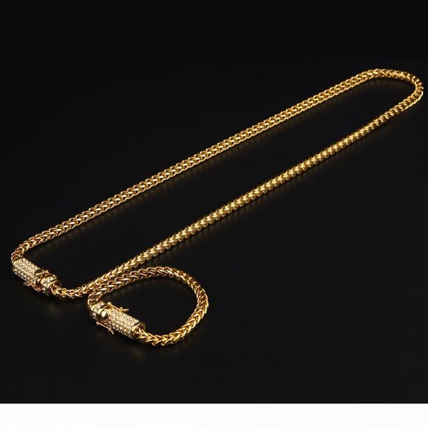 

mens stainless steel franco cuban box chain necklace bracelet set iced out rhinestone mens hip hop necklace jewelry set, Silver