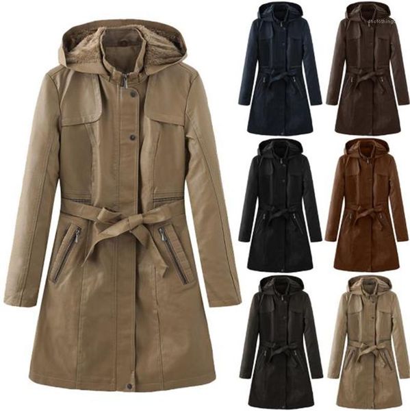 

length fleece coats hooded windbreaker 20fw women outerwear coats faux leather women long coats solid color mid long, Black