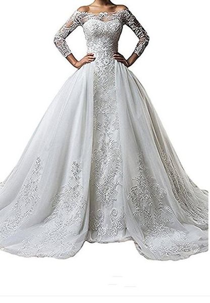 

Vintage Bateau Neck Lace Long Sleeve Wedding Dresses With Detachable Skirt Plus Size Illusion 2019 Train vestido de noiva Bridal Gown Ball