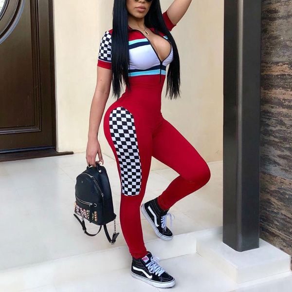 

women's jumpsuits & rompers 2021 fashion women stylish slim fit contrast color zipper up motorsport jumpsuit, Black;white