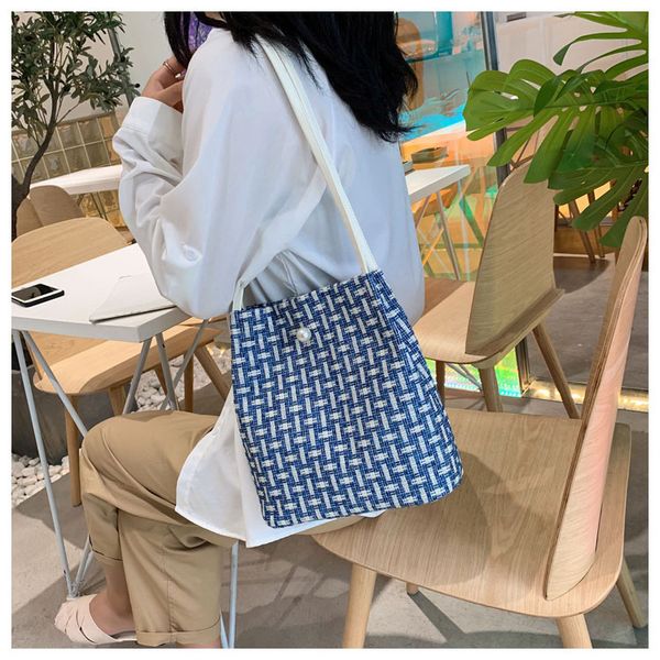 

weave pattern bucket shape multi colors plaid grid women tote bag good quality simple handbag shoulder bag