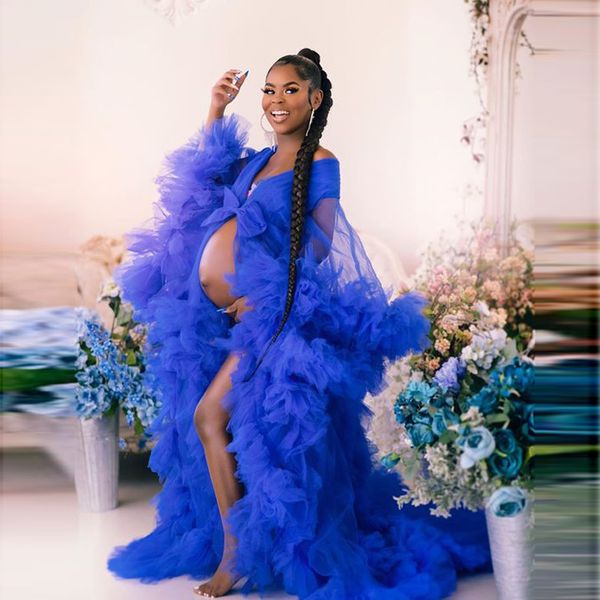 Azul real babados manga cheia vestidos de baile festa grávida formal feminino robe de soiree sheer robe xale maternidade poshoot vestido285h