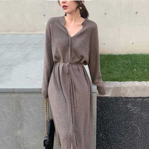 

casual dresses 2021 autumn spring women dress sashes solid korean style v collar knitting sweater elegant office ladies vestido, Black;gray