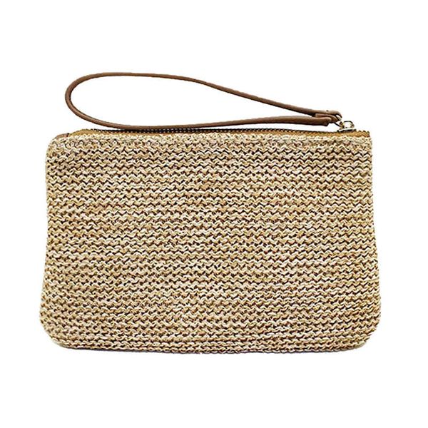 

women's hand wrist type straw clutch summer beach sea handbag, brown large
