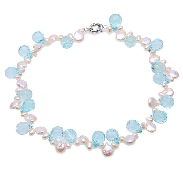 

jyx 618 fashion style 5*8-10.5*12mm natural baroque pearl with blue faced crystal 18" vivid necklace women simple style, Silver