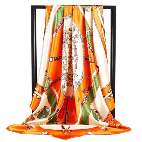 

square silk scarf 90*90cm women flowers foulard cheveux soie big bandana hijab head satin silk scarves shawl, Blue;gray