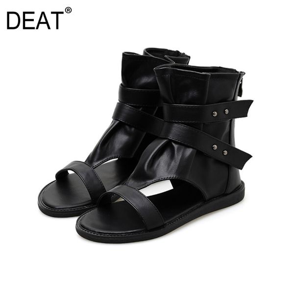 

deat] 2020 новая весна лето круглый toe zipper pu кожаный вскользь черный плоский простой сандалии женщин мода tide 10d105, Black