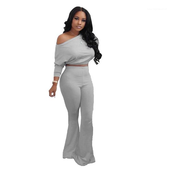 

womens tracksuits casual flares pants two piece set soild color strapless ladies clothing bat sleeve designer, Gray