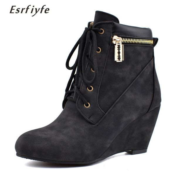 

esrfiyfe 2020 winter wedges boots fashion flock women's platform wedges ankle boots lace up high heels shoes for women, Black