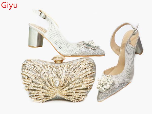

doershow fashion lady shoes and bag set italy silver color italian shoes with matching bag set decorated with rhineston sbk1-7, Black