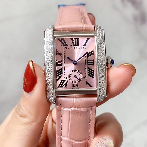 

Luxury watch top quality pink ladies quartz leather strap watches diamonds Rome numbers dial fashion women wristwatch 30*39mm