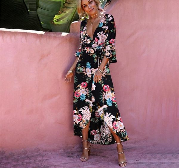 

women floral printed maxi dress 2018 summer long dresses butterfly sleeve retro beach sundress deep v split dress femme003, Black;gray