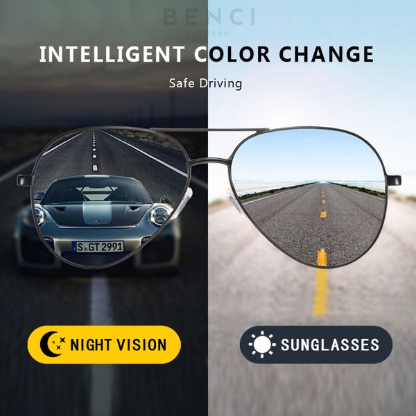 

benci pchromic sunglasses men polarized chameleon discoloration driving aviation sun glasses for men women uv400 metal frame, White;black
