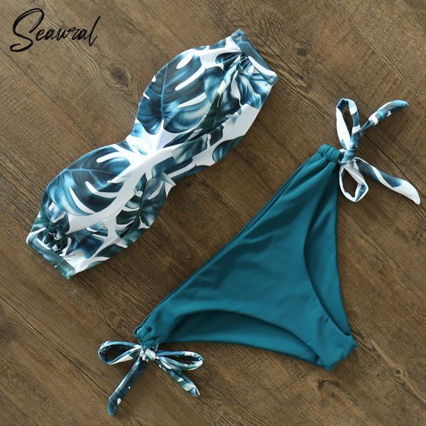 

2020 new leaves print bikini swimsuits women push up bikini set bandeau swimwear bathing suit brazilian biquini female, Black;white