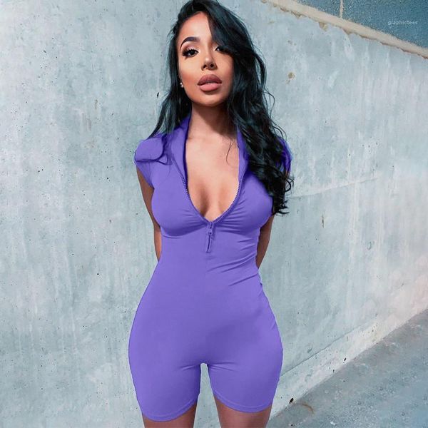 

jumpsuits women designer clothes women jumpsuits fashion candy color zipper neck bodysuit skinny short sleeve shorts, Black;white