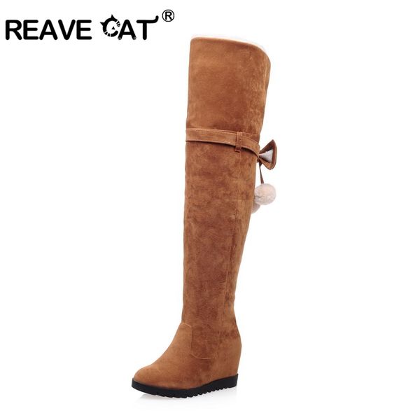 

reave cat woman winter boots over-the knee boot bowtie slip-on botas wedge flock height increasing plush non-slip shoes a184, Black