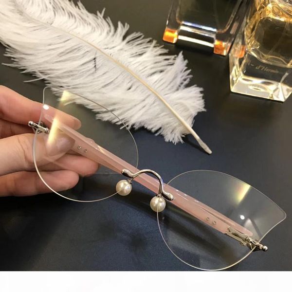 

luxury popular women brand design percy lau pl2009 glasses hollow out optical lens cat eye frameless black pink come with brand case, White;black