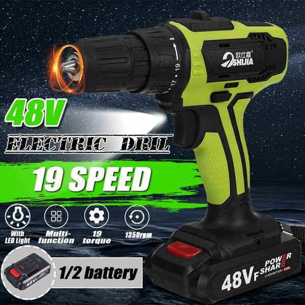 

cordless electric drill screwdriver hammer 48v rechargeable 19 torque dual speed power tools with 2 battery
