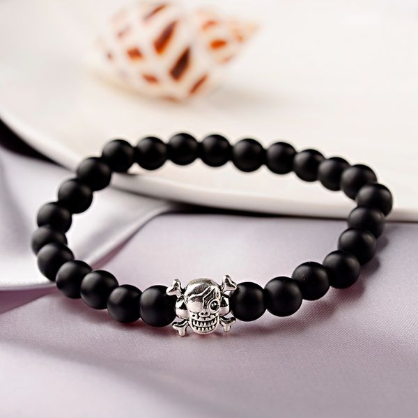 

oiquei pirate skeleton bracelet men handmade classic black natural matte stone elastic bracelets&bangles jewelry pulsera hombre