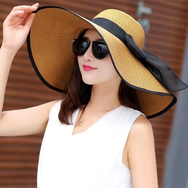 

women straw hats brim beaches foldable bowknot girls vacation wide large sun hats for outdoor travelling ornaments, Blue;gray