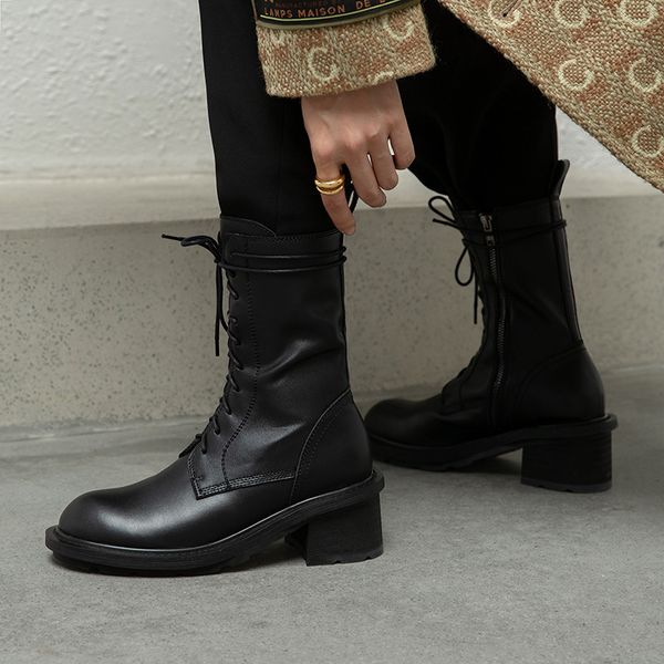 

holy jasmine real leather women boots autumn winter mid-calf western lace-up cross-tied square heel knight boots polyurethane, Black