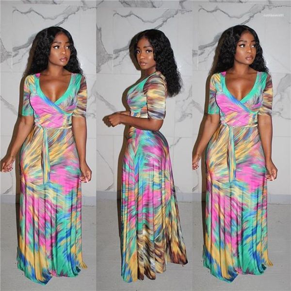 

half sleeve loose colorful print dress fashion female apparel womens designer mid waist v neck dresses casual, Black;gray