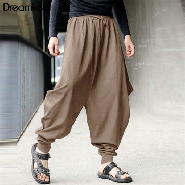 

men linen pants summer casual harem loose pants low drop crotch wide-leg long trousers male samurai style cropped pants y, Black