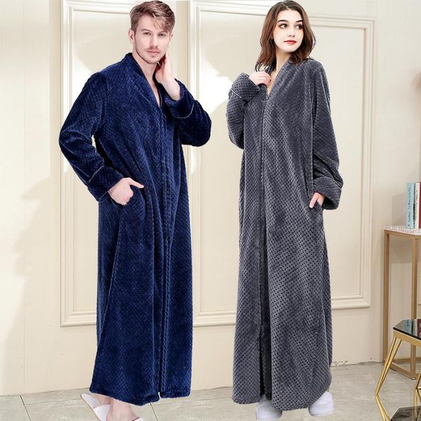 

men extra long thermal flannel bath robe zipper plus size thick warm coral fleece bathrobe women mens dressing gown winter robes, Black;brown