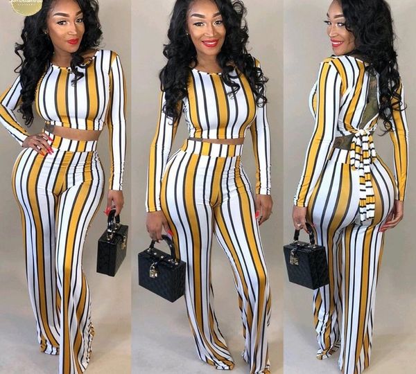 

2 print two piece set pants autumn outfits tracksuit women long sleeve wide leg pants striped ensemble femme, Gray