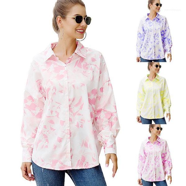 

lapel neck fashion casual famale clothing women designer ladies printed long sleeved shirt loose, White