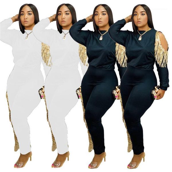 

crew neck womens 2pcs tassel sets panelled designer womens two piece pants womens two piece sets long sleeve, White