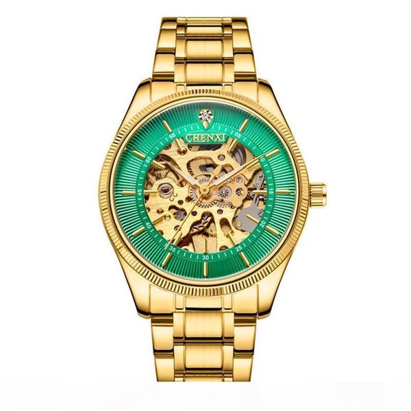 

chenxi skeleton hollow out mechanical automatic wristwatch gold analog dial face analog dial face stainless steel buckle folding buckle, Slivery;brown