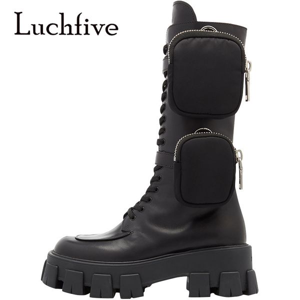 

2020 winter new designer pocket knight boots round toe chunky sole flat platform mid-calf long boots punk shoes women, Black