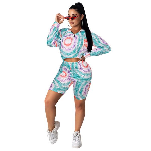 

tie dye womens tracksuits casual long sleeve hooded hoodies and biker shorts casual house wear women 2 piece outfit clothing, Gray