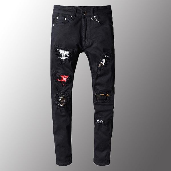 

new men jeans luxury men's patch design ripped black biker jeans casual slim skinny pleated patchwork distressed denim pants, Blue