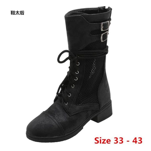 

boots motorcycle mid calf summer mesh woman med heels shoes breathable women womens small big size 33 -43, Black