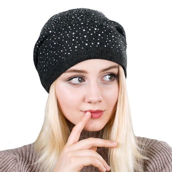 

2020 winter wool hat women double knitted thicken soft female beanies warm cap rhinestone skullies hats for women, Blue;gray