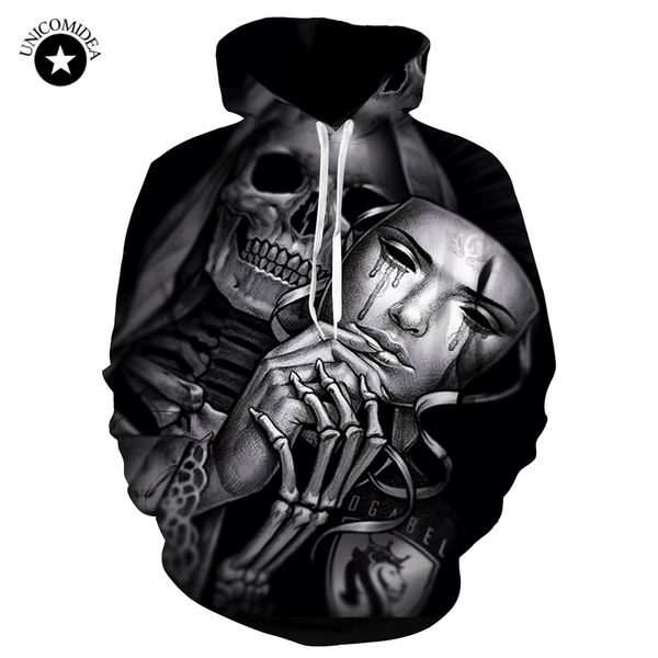 

unicomidea 3d skull streetwear hoodies hip hop men hooded sweatshirts winter fashion hoody harajuku thin hooded pullovers, Black
