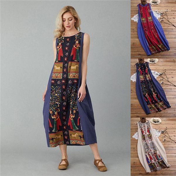 

famale fashion clothing ladies summer ethnic style sleeveless dress fashion loose round neck print dress, Black;gray