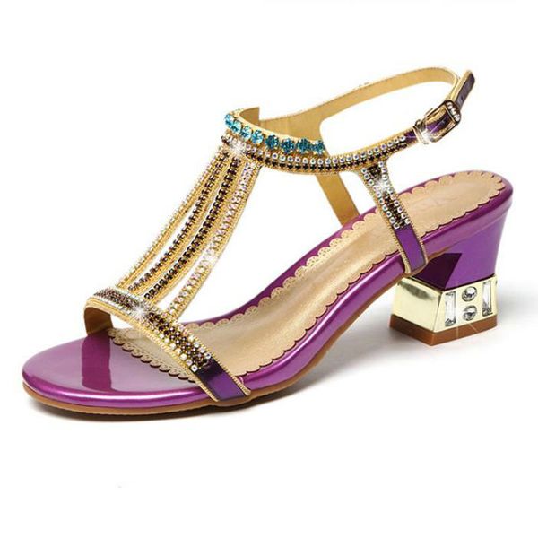 

gold rhinestone sandals female summer crystal medium high heels non-slip diamond thick heel flowers open toe sandals, Black